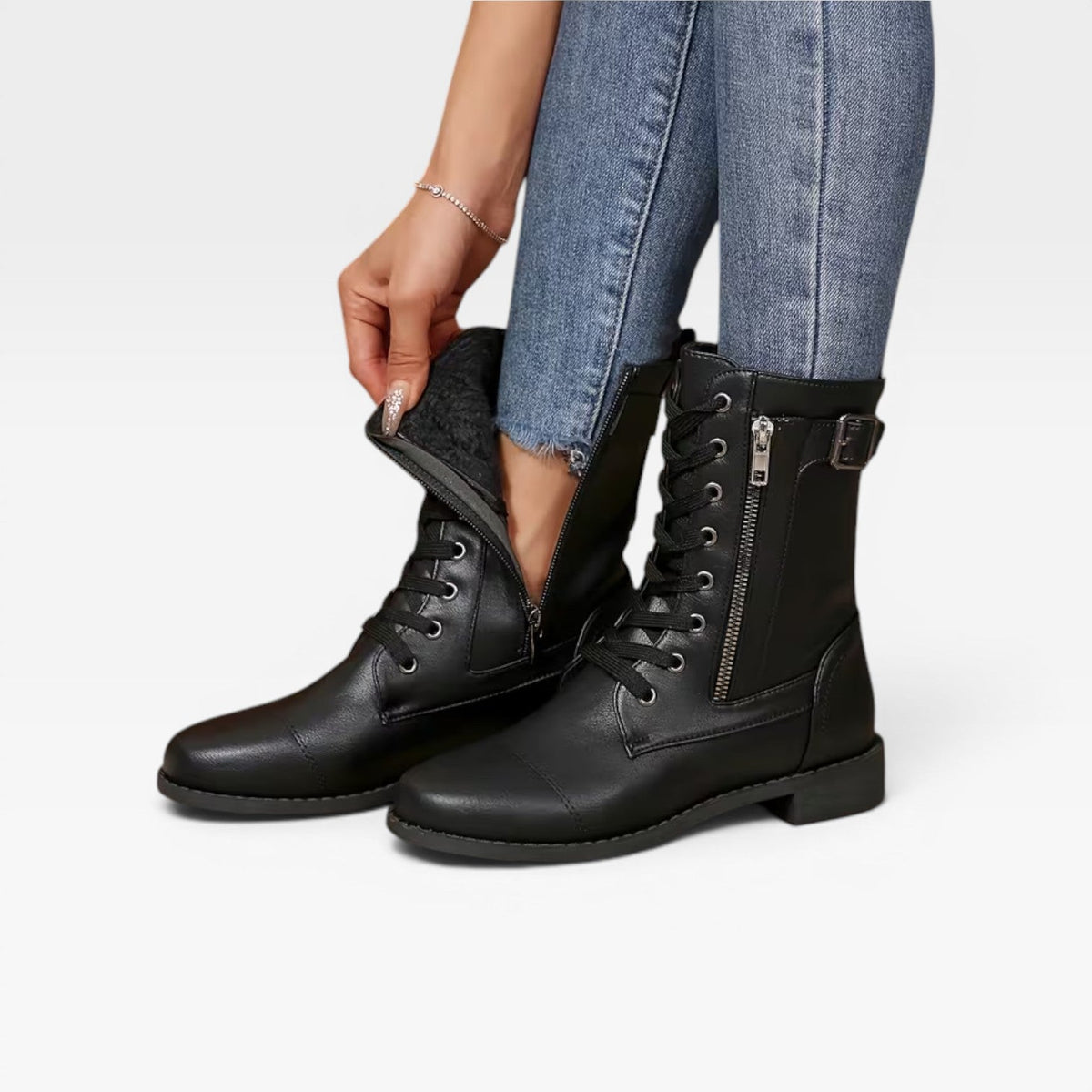 Women's Mid-Calf Lace-Up Leather Boots with Buckle — view 6