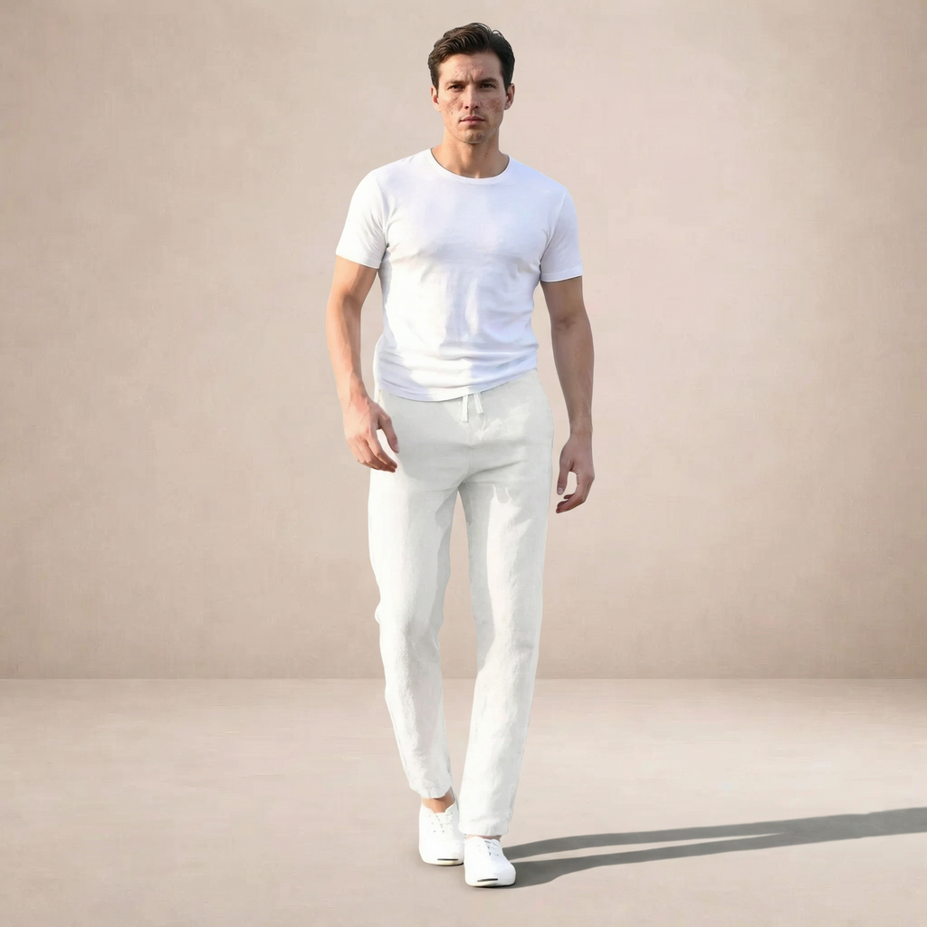Men's straight-leg linen-look elastic waist trousers