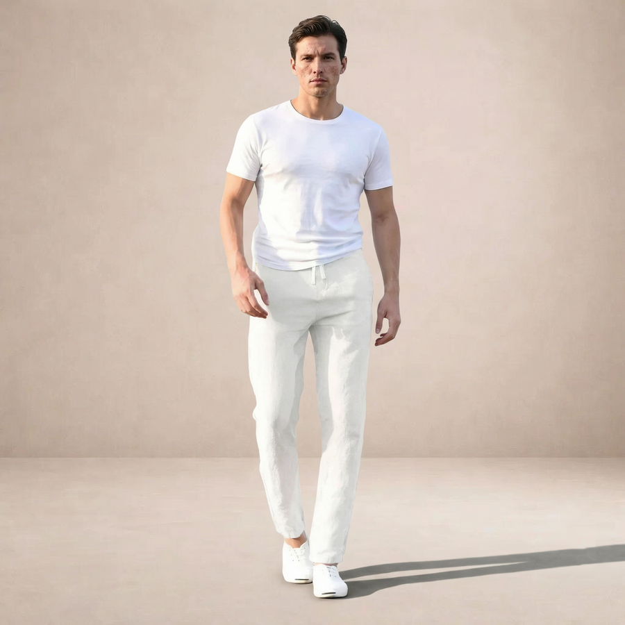 Men's straight-leg linen-look elastic waist trousers