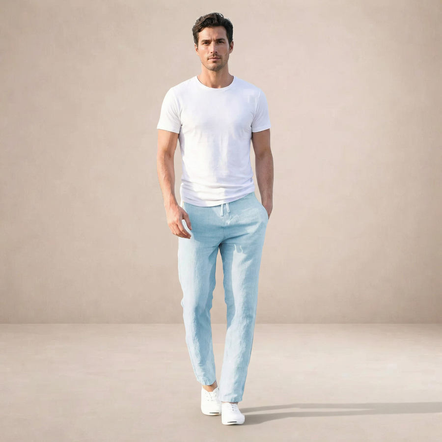 Men's straight-leg linen-look elastic waist trousers
