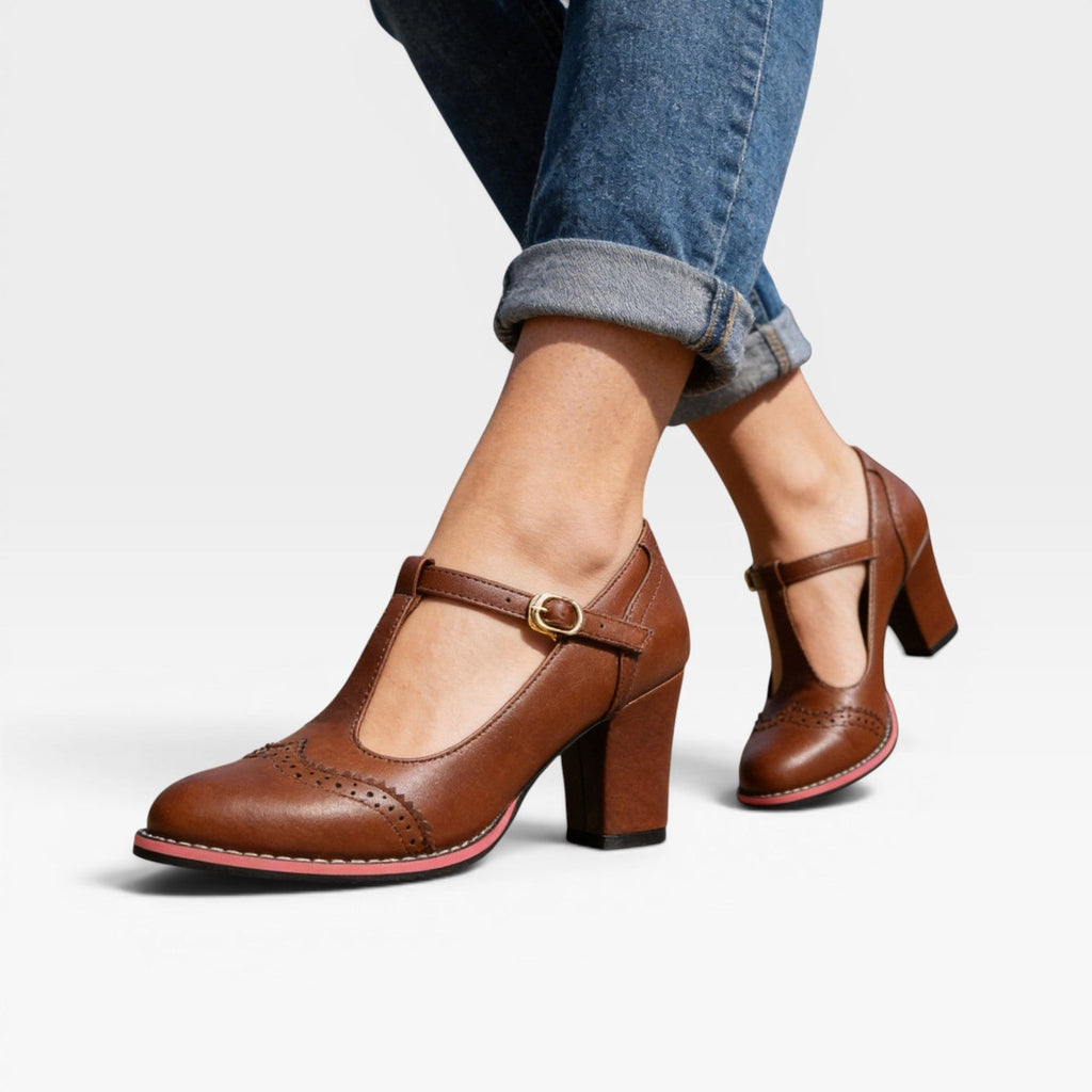 Women's T-Bar Brogue Mary Jane Block Heels — view 8