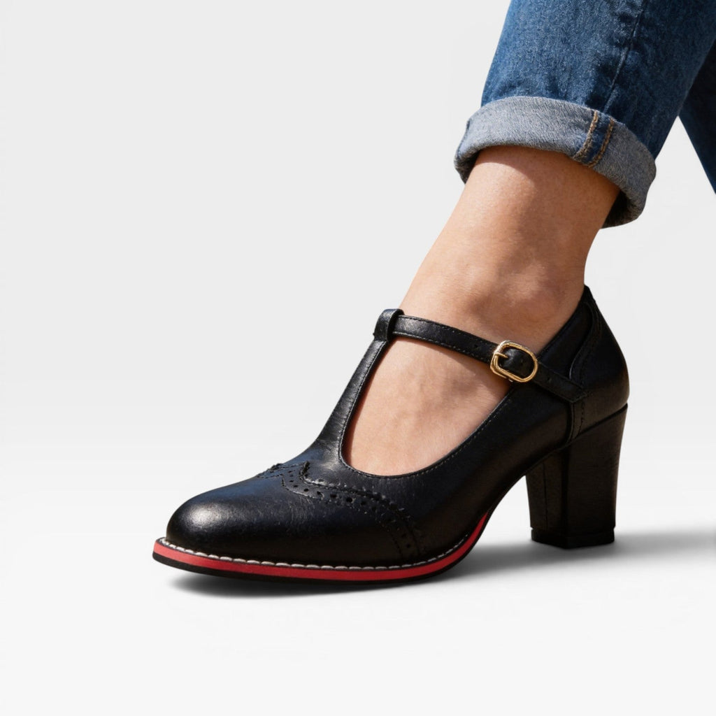 Women's T-Bar Brogue Mary Jane Block Heels — view 5