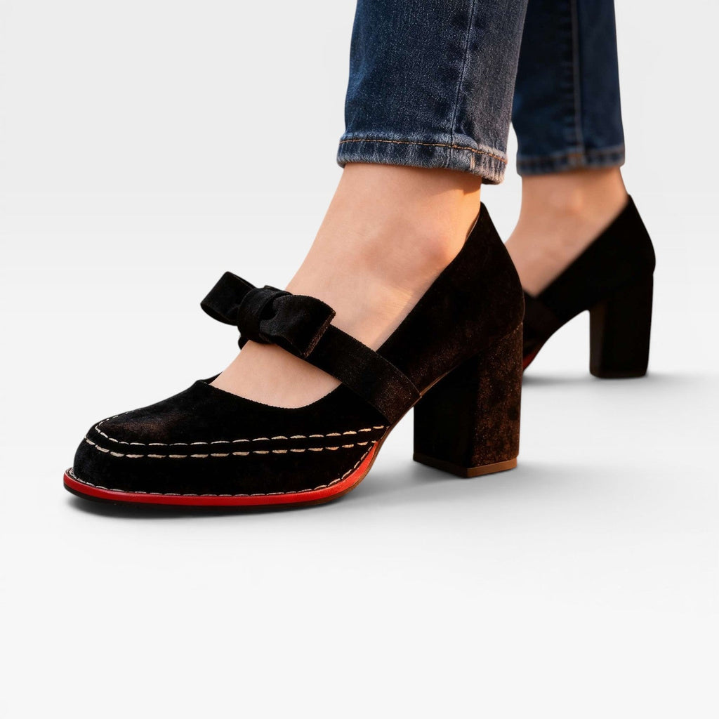 Women's Velvet Mary Jane Heels with Bow — view 5