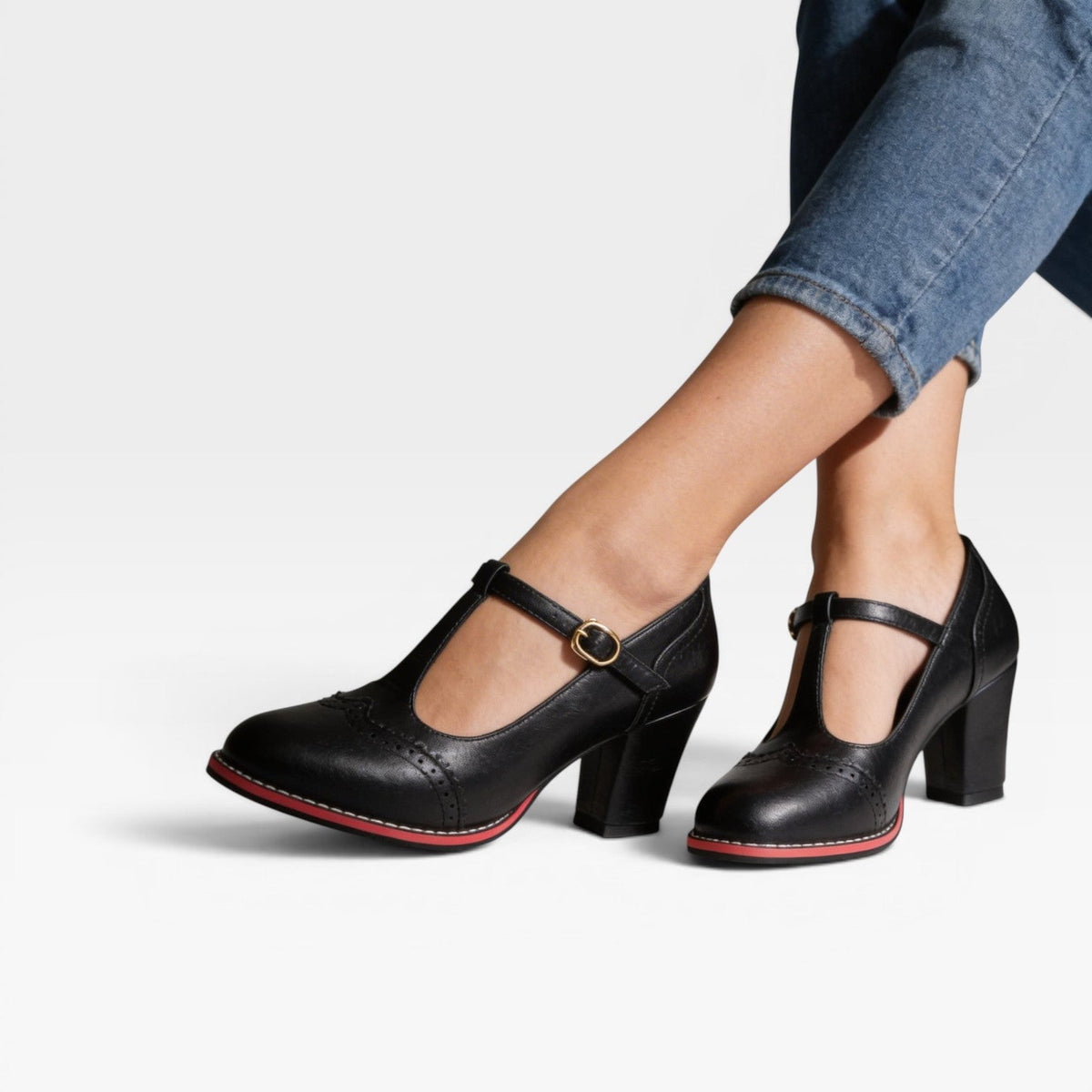 Women's T-Bar Brogue Mary Jane Block Heels — view 3