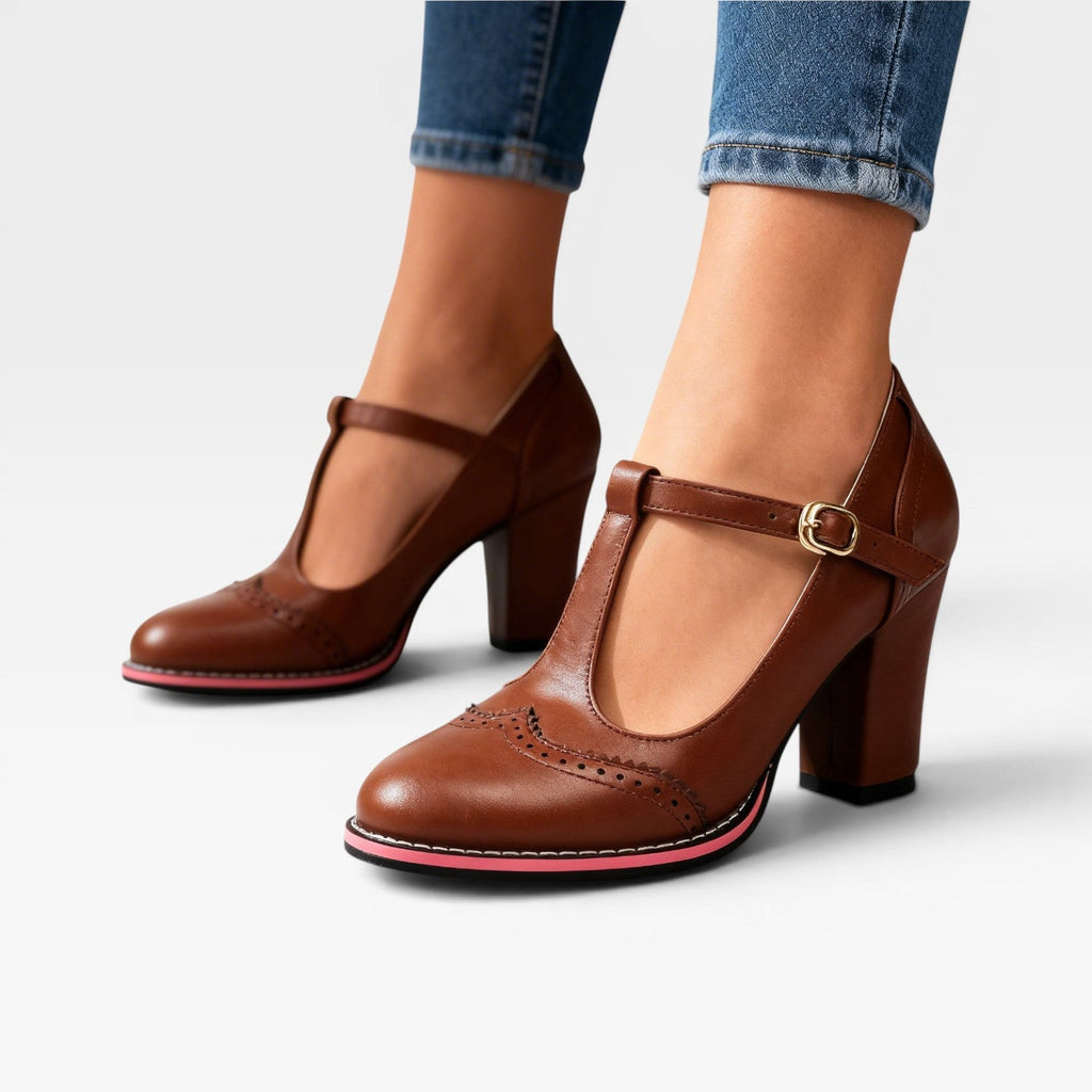 Women's T-Bar Brogue Mary Jane Block Heels — view 9
