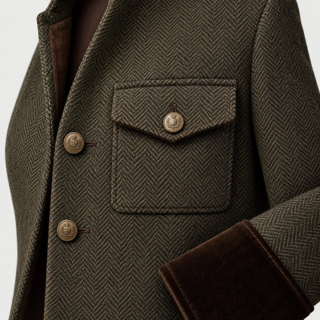 Women's herringbone blazer in Olive | Hellidon – detail view
