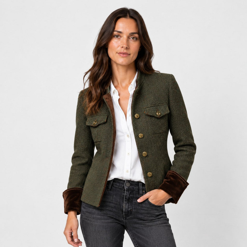 Women's herringbone blazer in Olive | Hellidon – front view