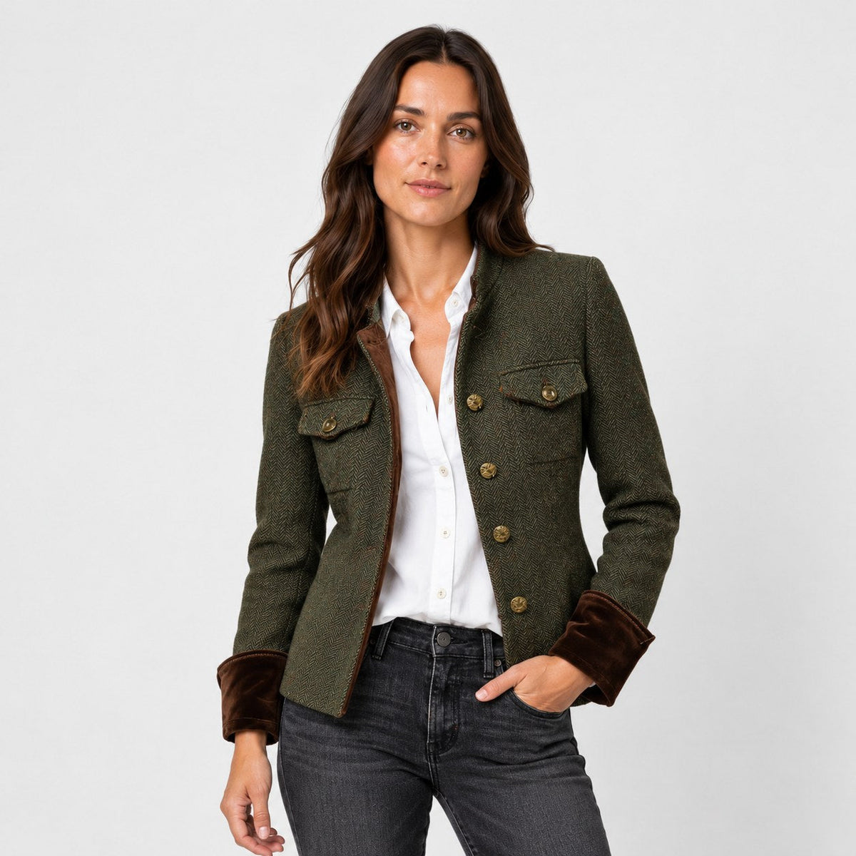 Women's herringbone blazer in Olive | Hellidon – front view