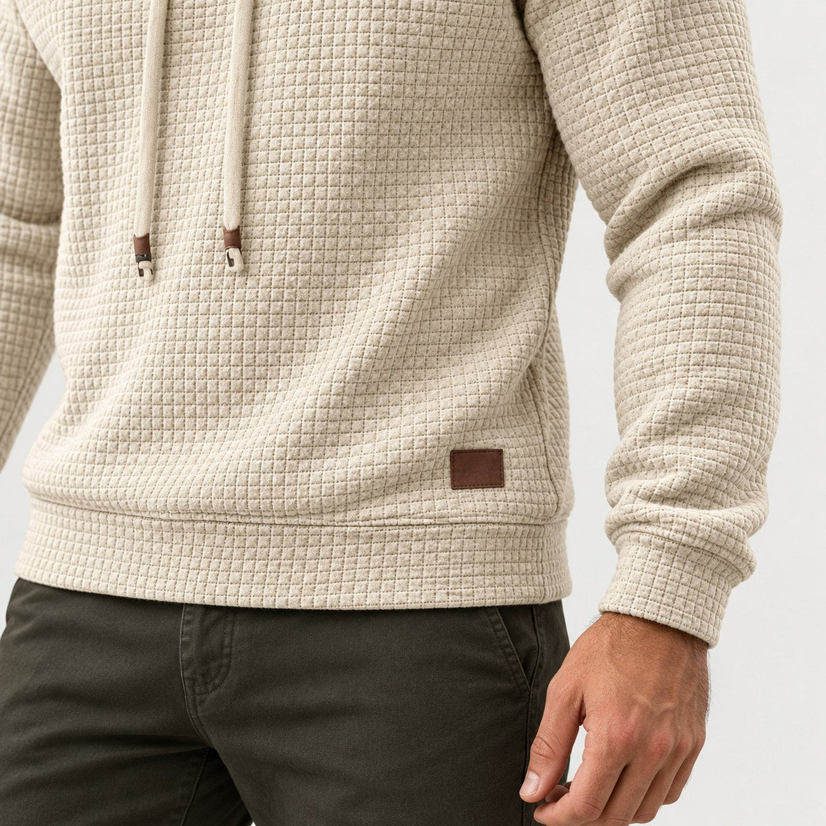 Men's waffle hoodie in Cream | Vowchurch – detail view