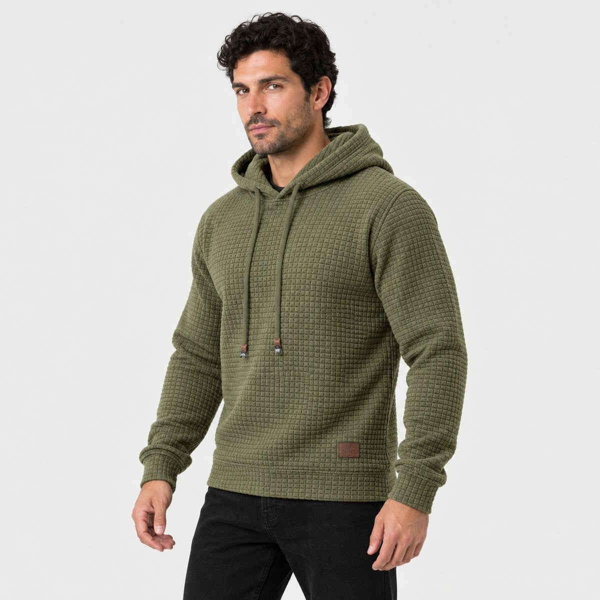Men's waffle hoodie in Olive | Vowchurch – side view