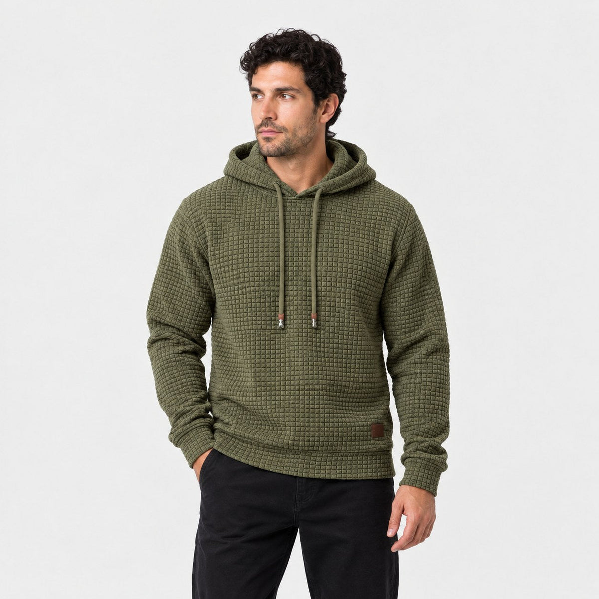 Men's waffle hoodie in Olive | Vowchurch – front view