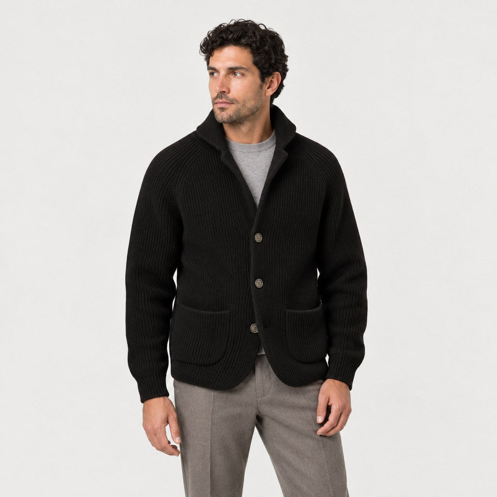 Men's rib knit cardigan in Black | Grassmere – side view