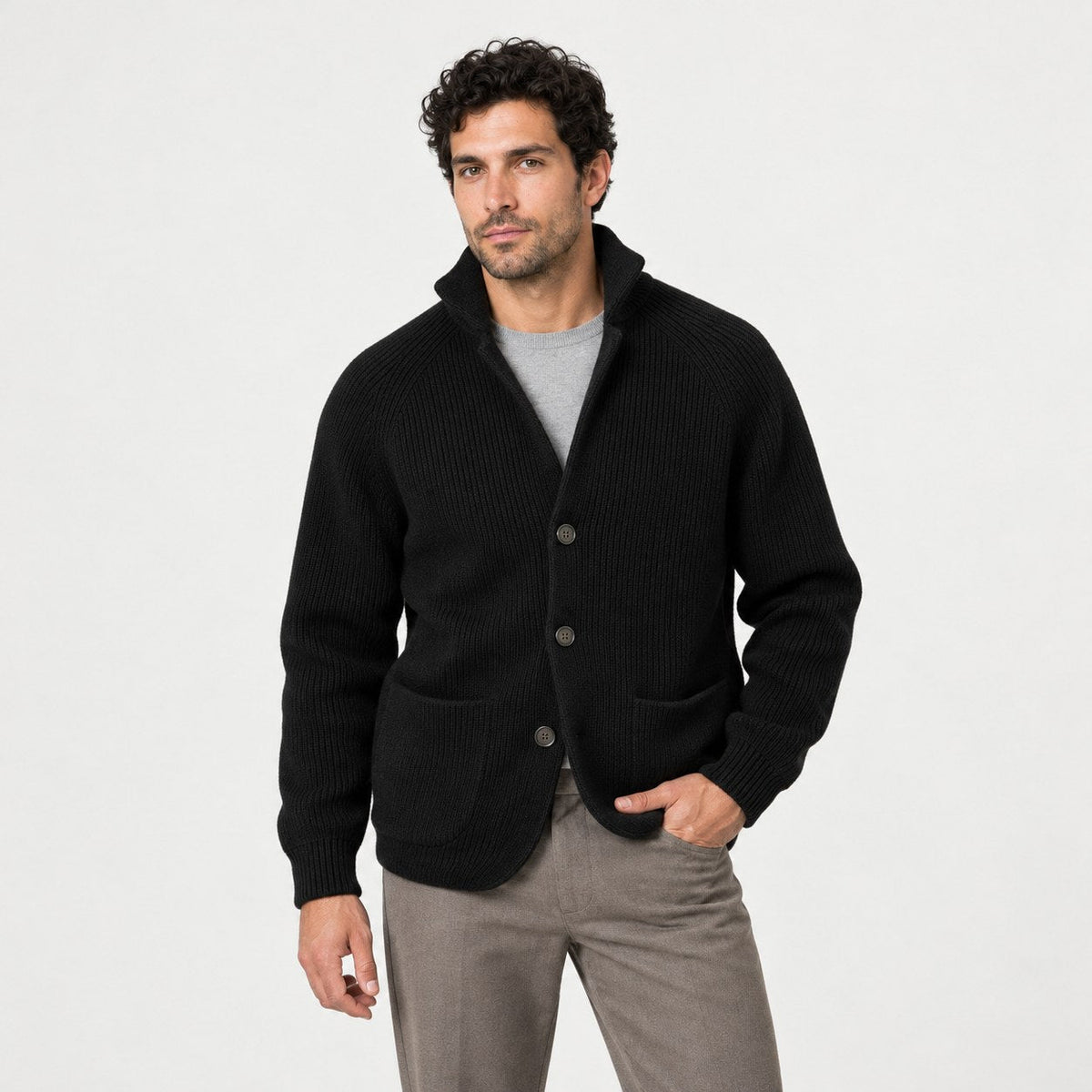 Men's rib knit cardigan in Black | Grassmere – front view
