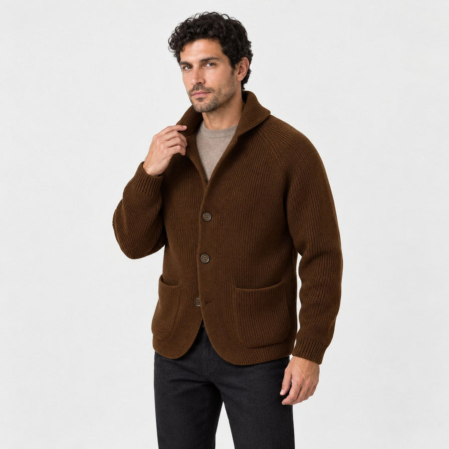 Men's rib knit cardigan in Brown | Grassmere – side view