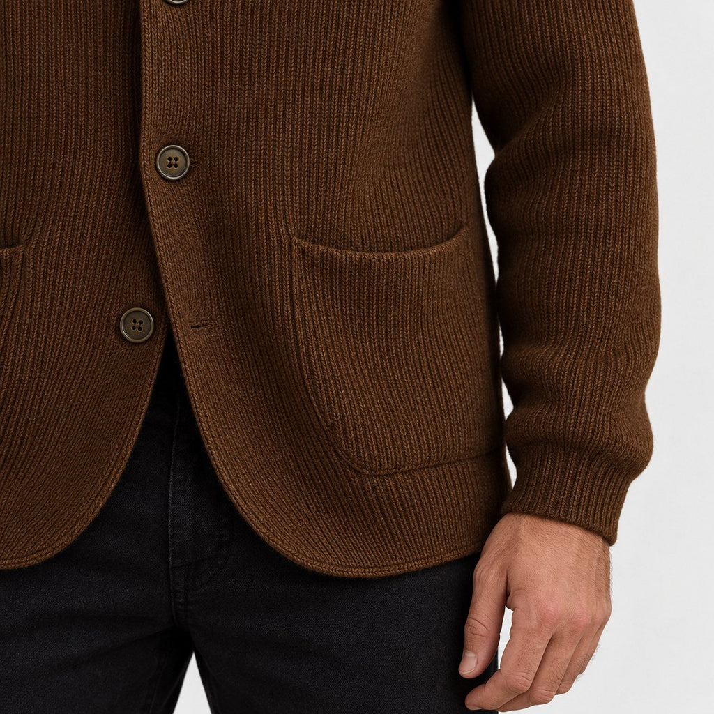 Men's rib knit cardigan in Brown | Grassmere – detail view