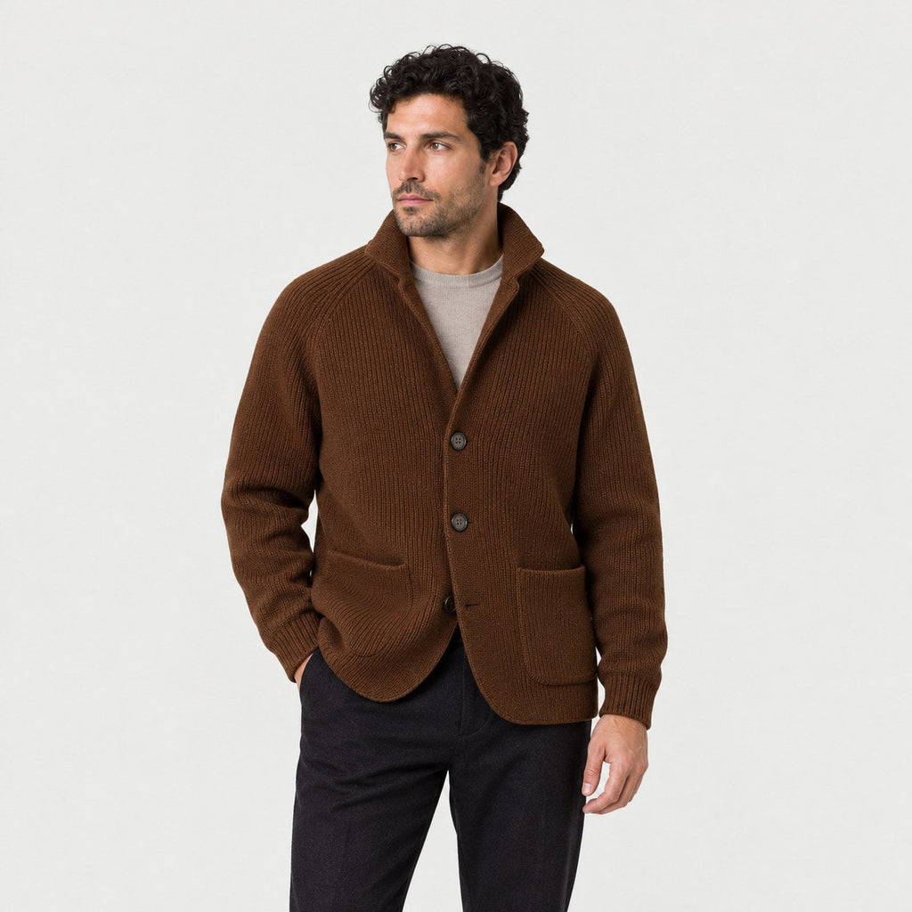 Men's rib knit cardigan in Brown | Grassmere – front view