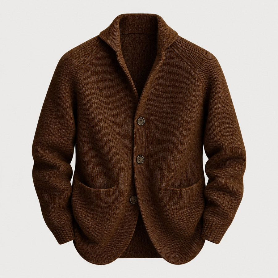 Men's rib knit cardigan in Brown | Grassmere – front view