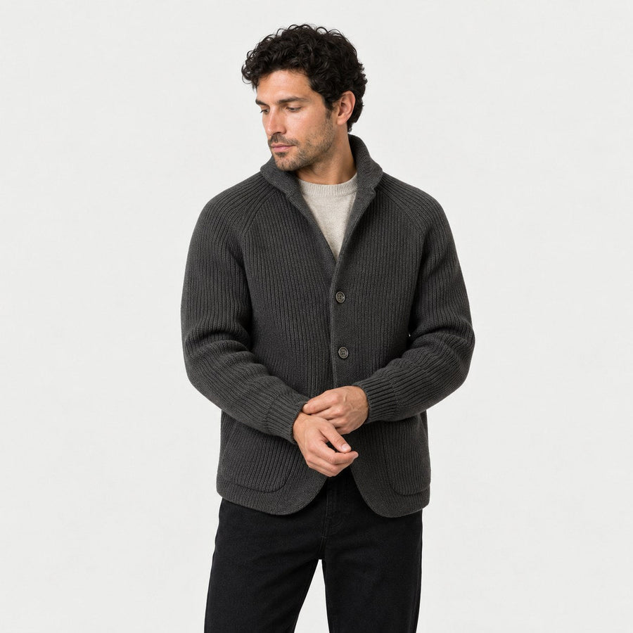 Men's rib knit cardigan in Charcoal | Grassmere – side view