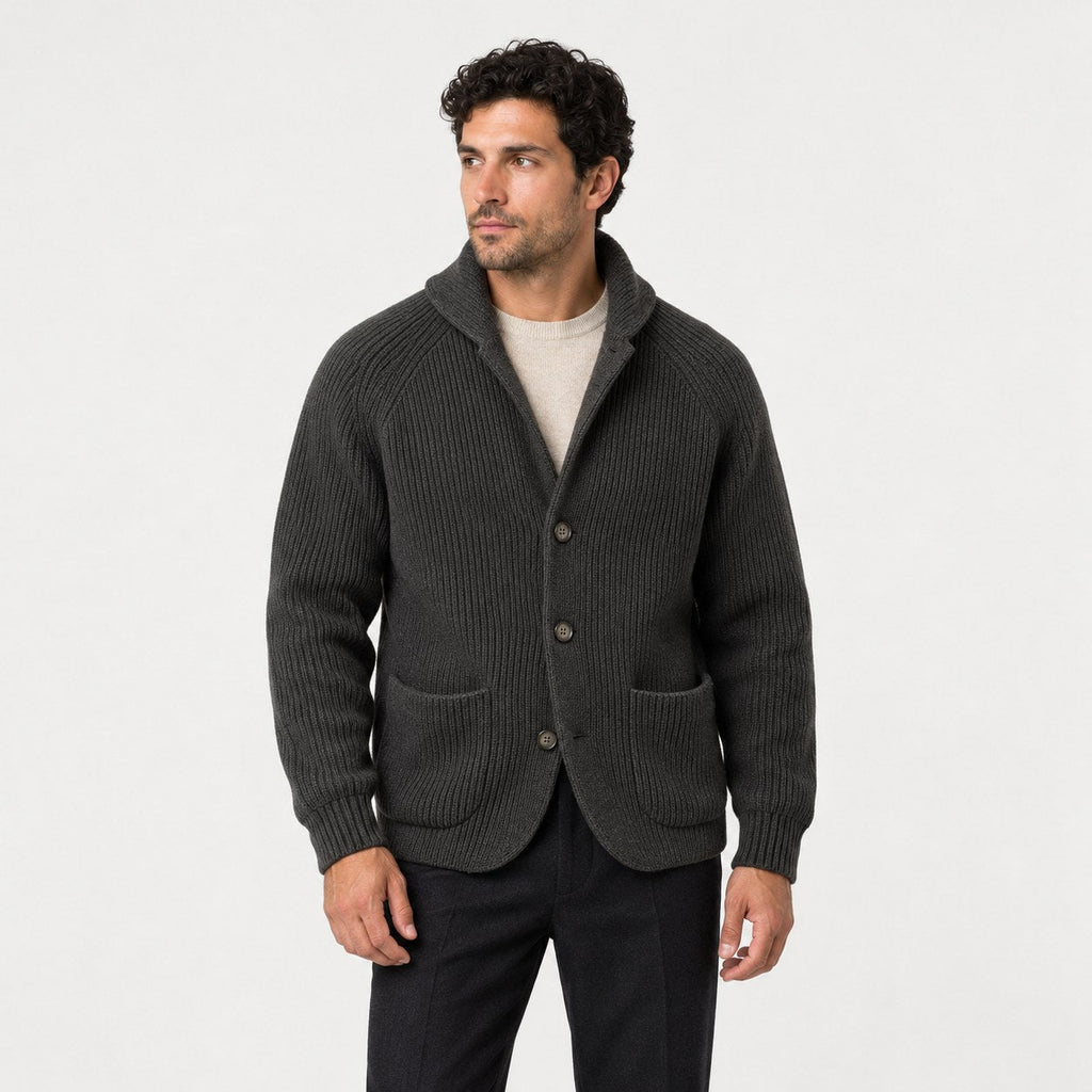 Men's rib knit cardigan in Charcoal | Grassmere – front view