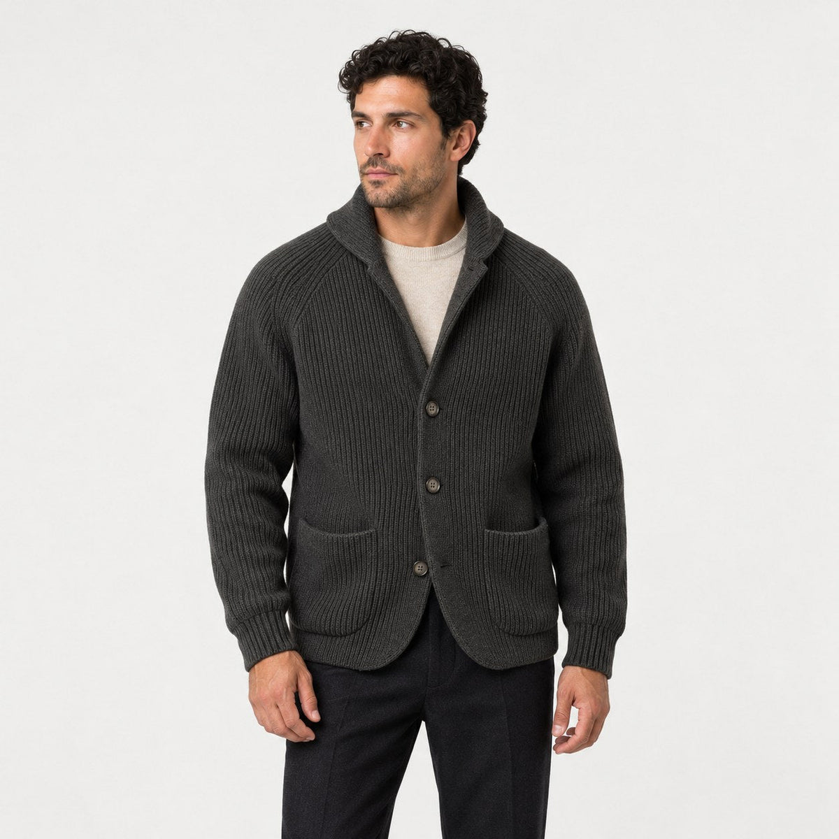 Men's rib knit cardigan in Charcoal | Grassmere – front view