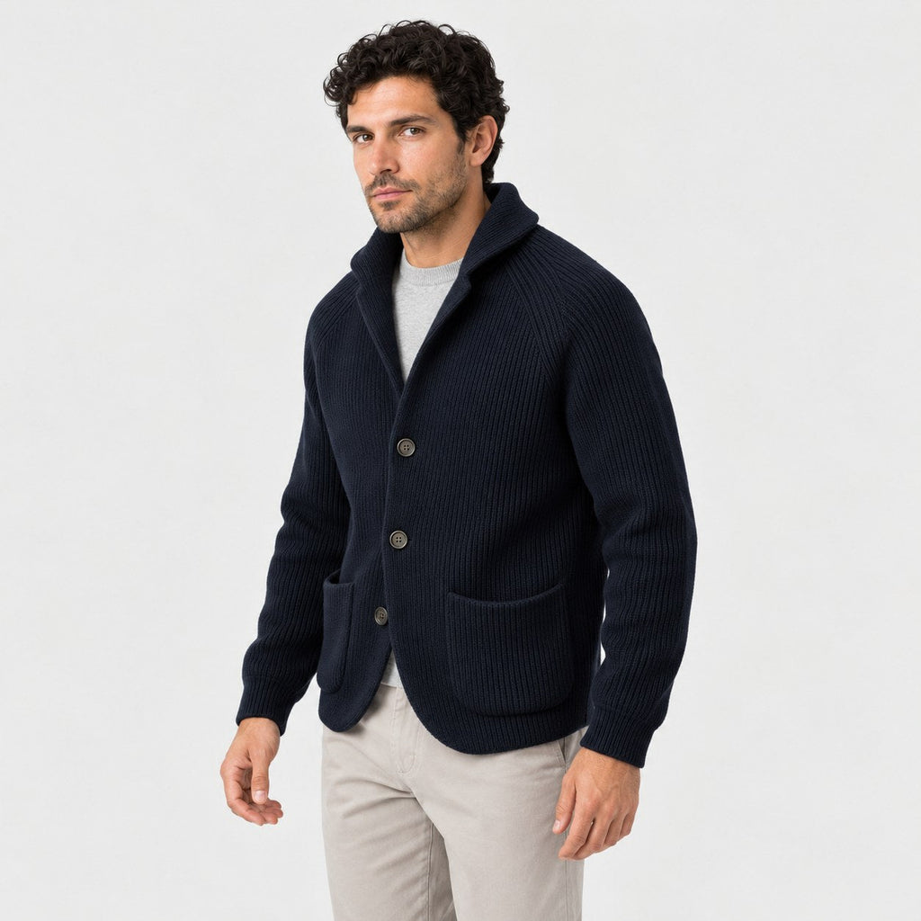 Men's rib knit cardigan in Navy | Grassmere – side view