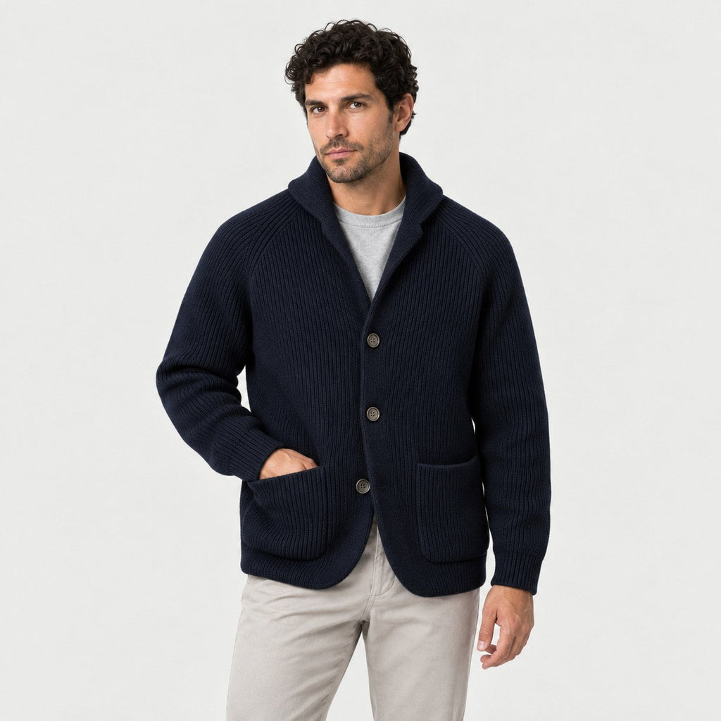 Men's rib knit cardigan in Navy | Grassmere – front view