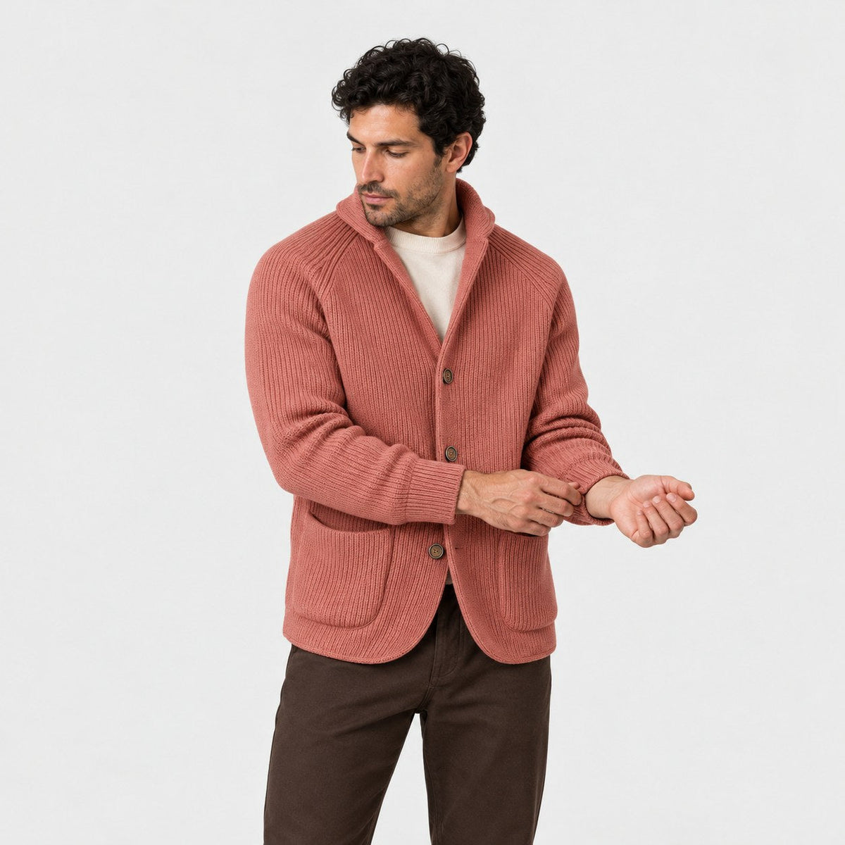 Men's rib knit cardigan in Pink | Grassmere – side view
