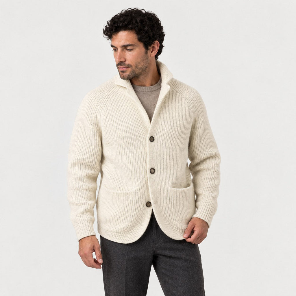 Men's rib knit cardigan in Cream | Grassmere – side view