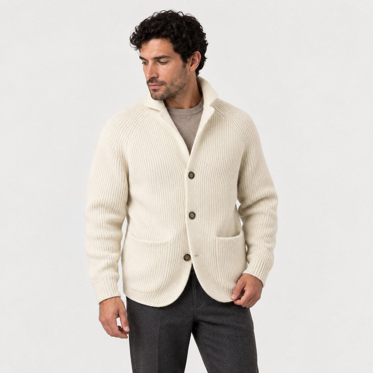 Men's rib knit cardigan in Cream | Grassmere – side view