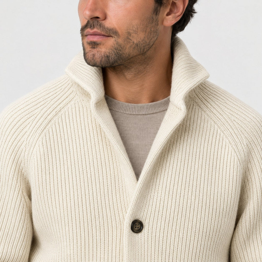 Men's rib knit cardigan in Cream | Grassmere – detail view