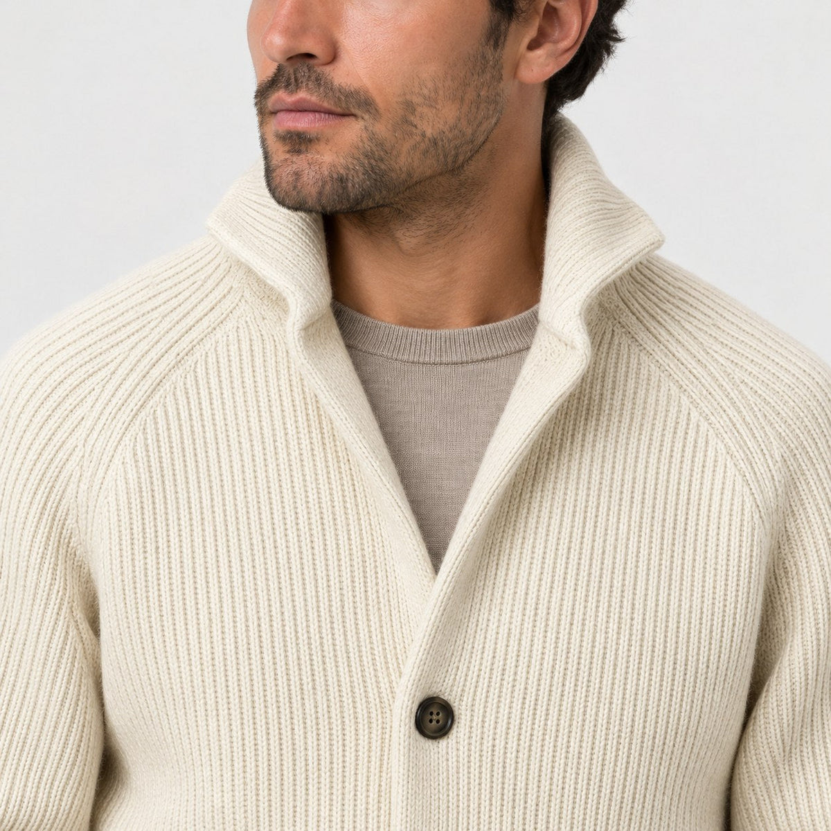Men's rib knit cardigan in Cream | Grassmere – detail view