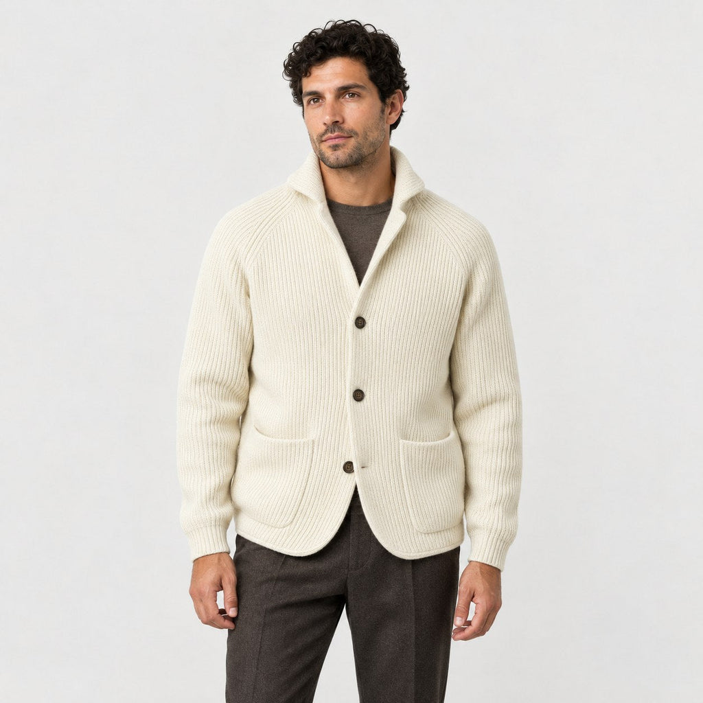 Men's rib knit cardigan in Cream | Grassmere – front view