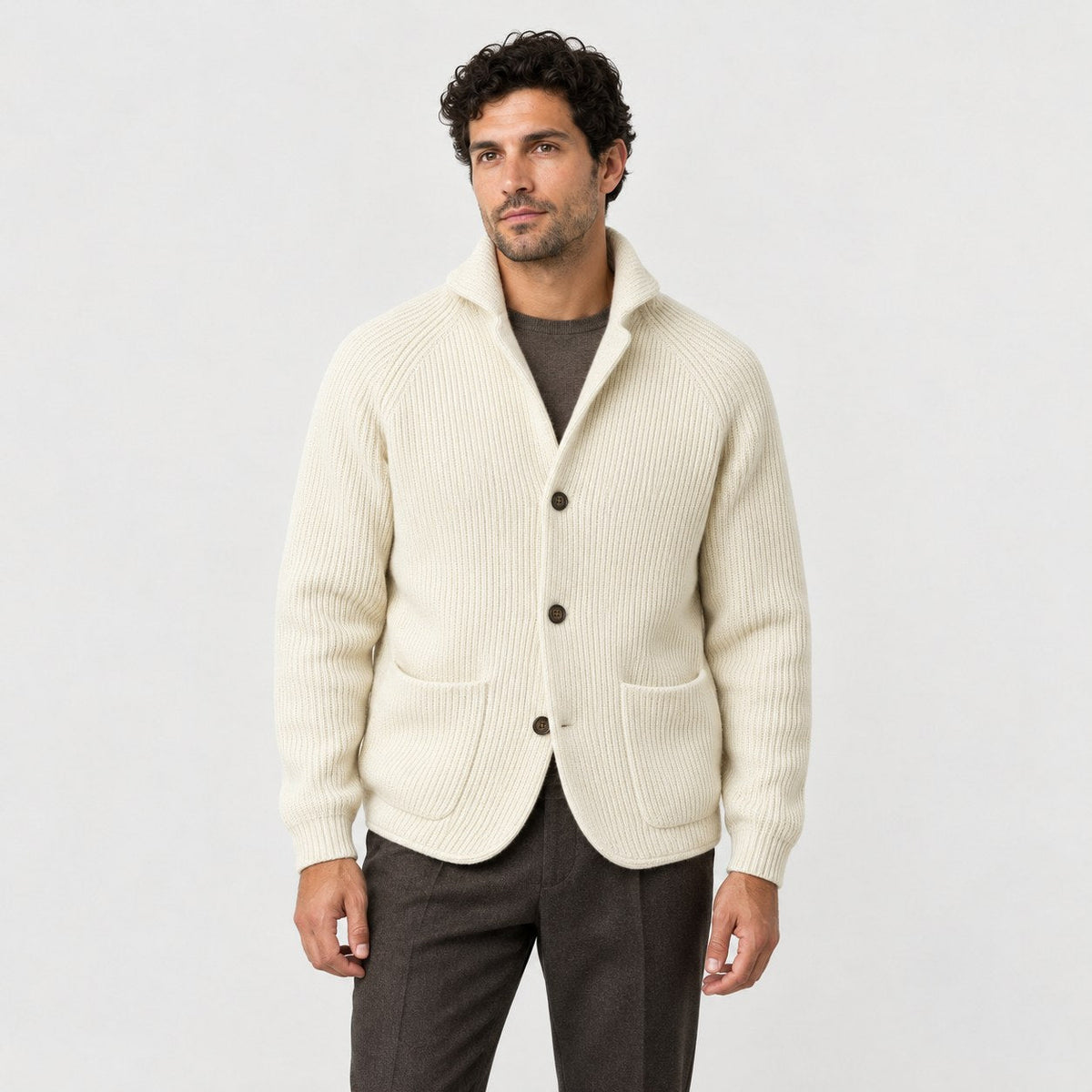 Men's rib knit cardigan in Cream | Grassmere – front view