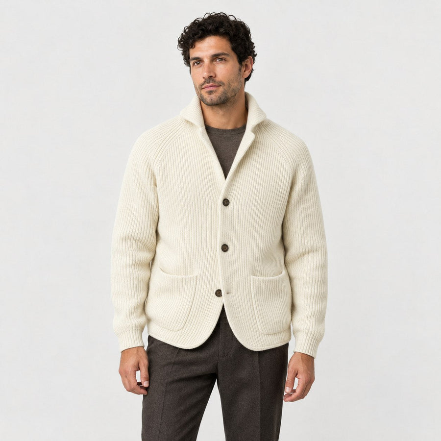Men's rib knit cardigan in Cream | Grassmere – front view