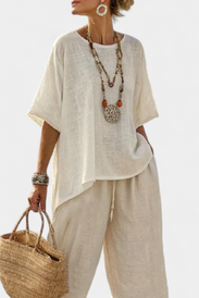Drevon | Comfortable Minimalist Raw Blouse & Wide-Leg Pants