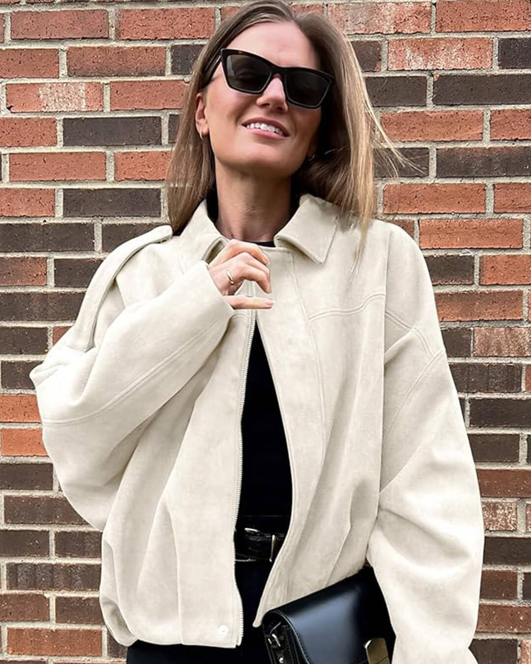 Women's faux suede collared bomber jacket