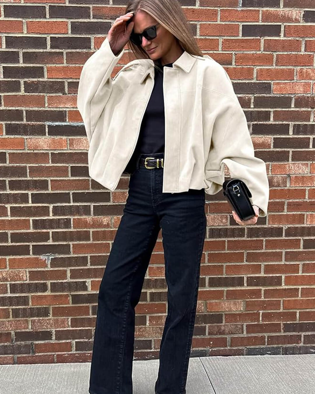 Women's faux suede collared bomber jacket
