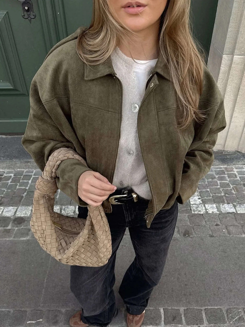 Women's faux suede collared bomber jacket