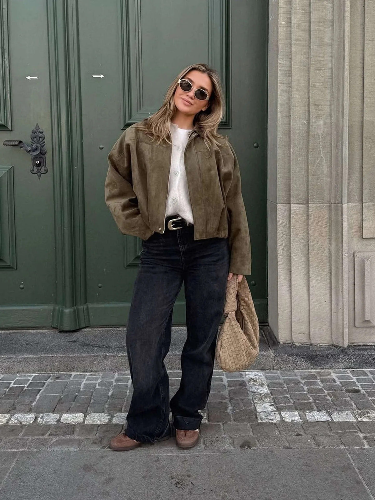 Women's faux suede collared bomber jacket