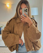 Women's faux suede collared bomber jacket