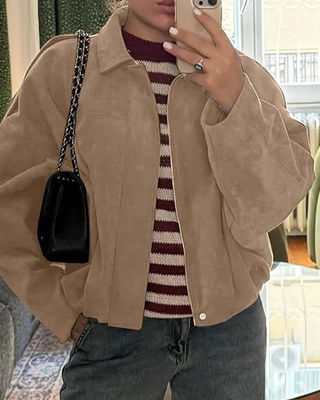 Women's faux suede collared bomber jacket