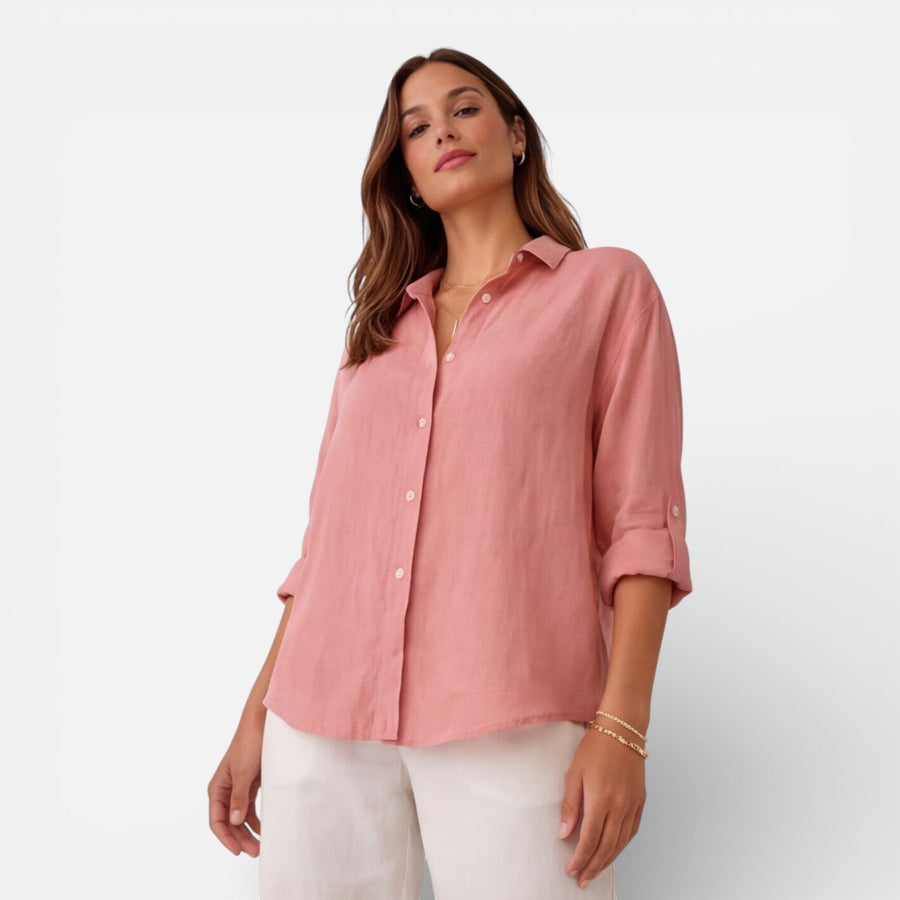 Women's relaxed-fit linen-look button-up shirt