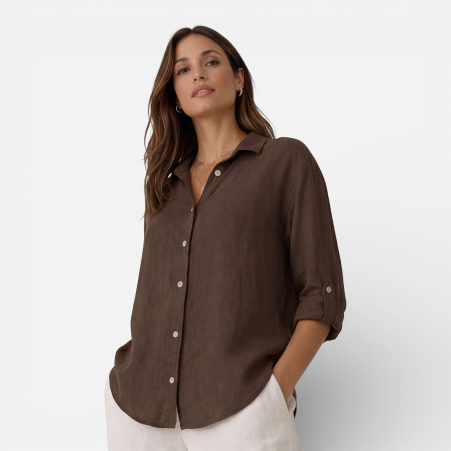 Women's relaxed-fit linen-look button-up shirt