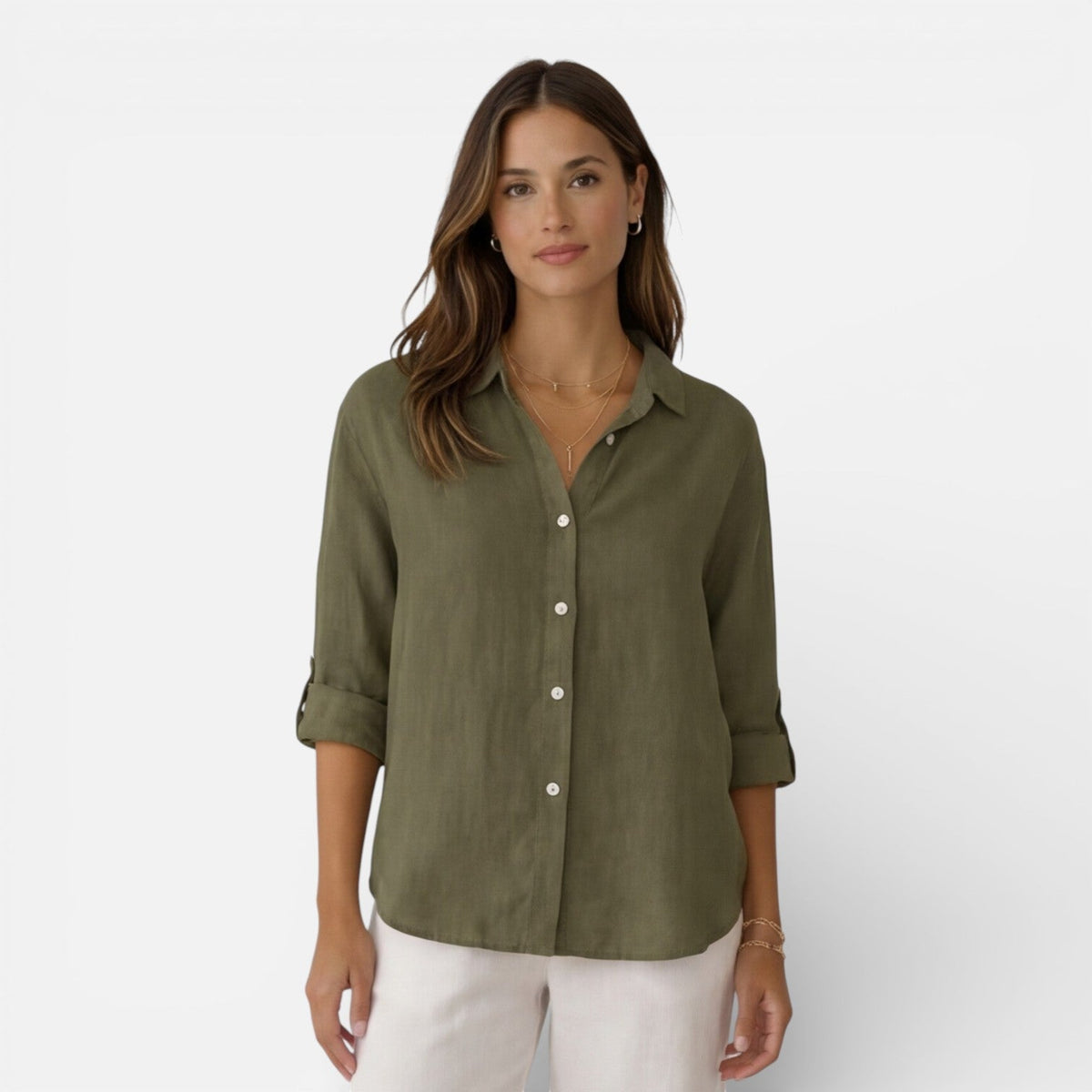 Women's relaxed-fit linen-look button-up shirt