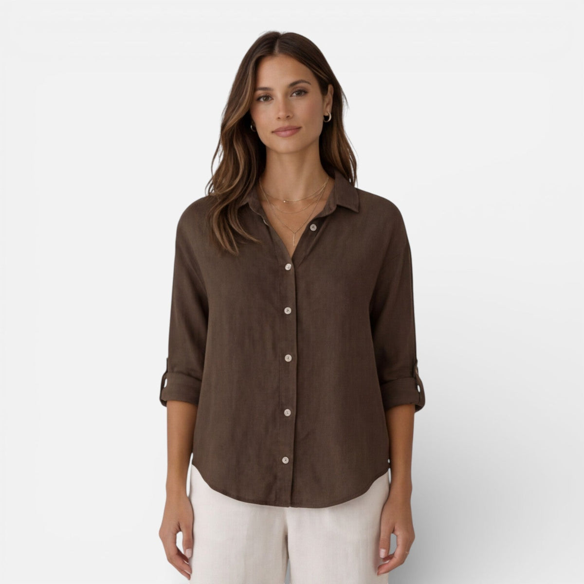 Women's relaxed-fit linen-look button-up shirt
