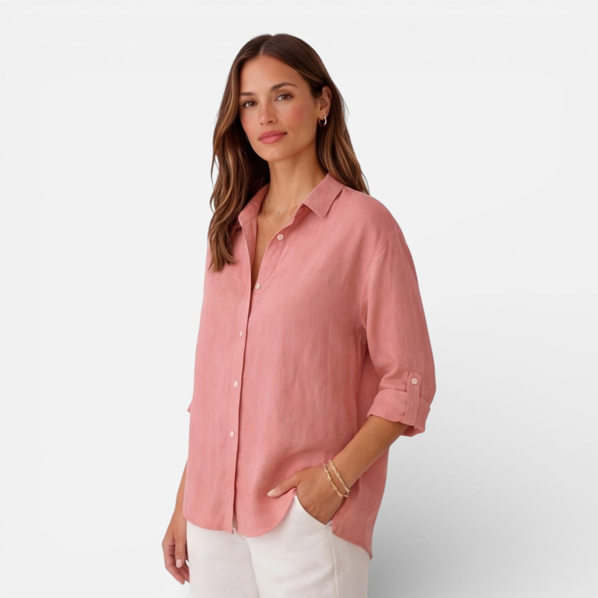 Women's relaxed-fit linen-look button-up shirt