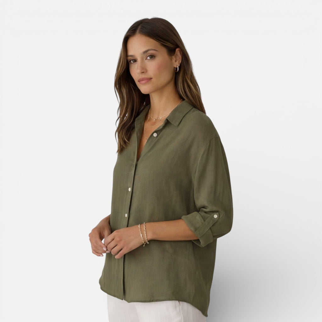 Women's relaxed-fit linen-look button-up shirt