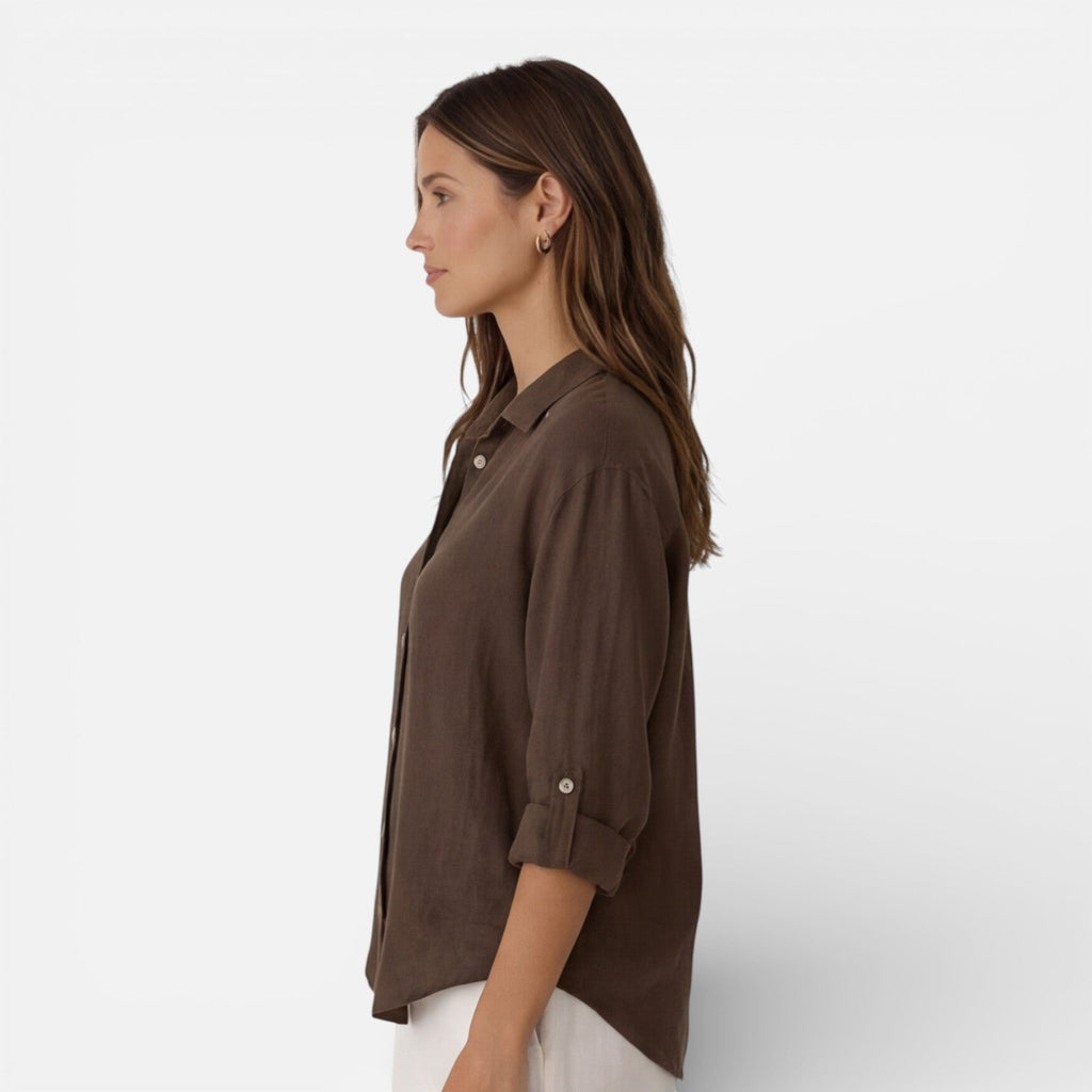 Women's relaxed-fit linen-look button-up shirt