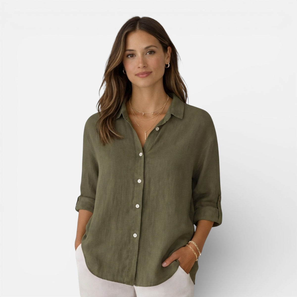Women's relaxed-fit linen-look button-up shirt