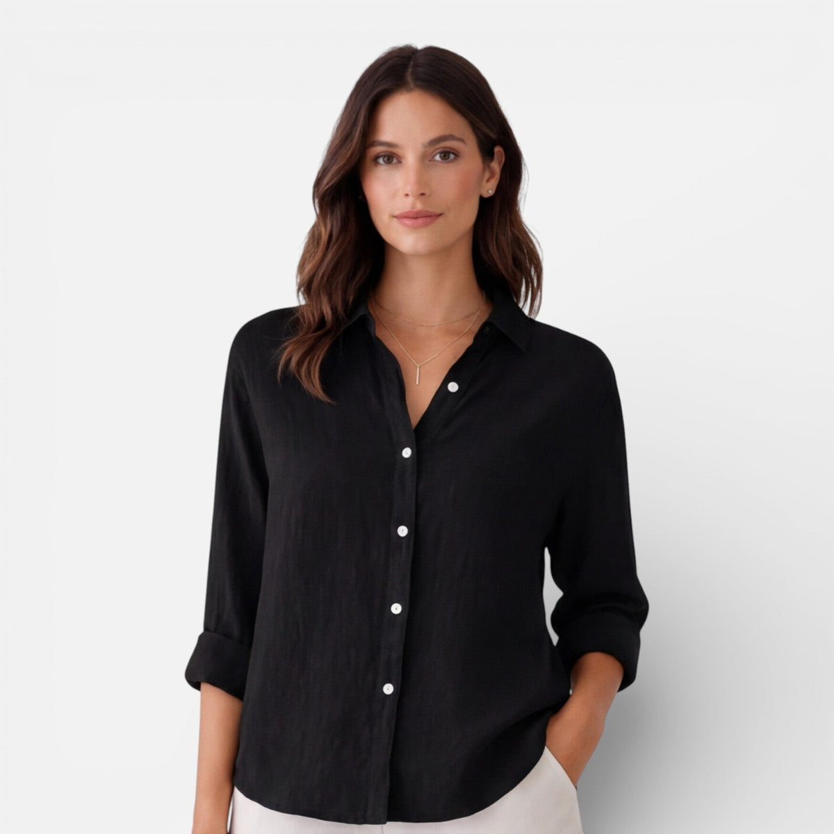 Women's relaxed-fit linen-look button-up shirt
